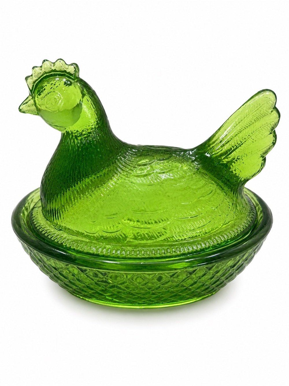 Vintage LE Smith Green Glass Hen on Nest Covered Dish 4” Trinket Dish
